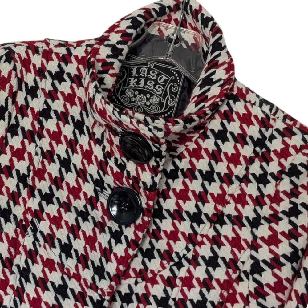 Last Kiss Coat Womens Small Red Black White Houndstooth Button Front Lined‎ Warm